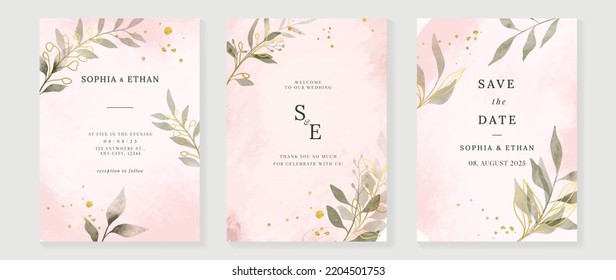 Luxury botanical wedding invitation card template. Watercolor card with flowers, leaf branch, foliage, rose gold color. Elegant blossom vector design suitable for banner, cover, invitation.