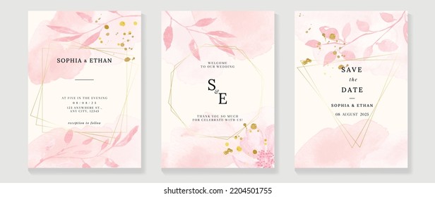 Luxury botanical wedding invitation card template. Watercolor card with flowers, leaf branch, foliage, polygon frames, pink color. Elegant blossom vector design suitable for banner, cover, invitation.