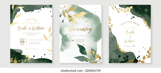 Luxury botanical wedding invitation card template. Watercolor card with eucalyptus, leaf branch, foliage, green color. Elegant blossom vector design suitable for banner, cover, invitation.