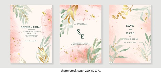 Luxury botanical wedding invitation card template. Watercolor card with eucalyptus, leaf branch, foliage, rose gold color. Elegant blossom vector design suitable for banner, cover, invitation.