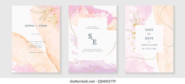 Luxury botanical wedding invitation card template. Watercolor card with leaf branch, foliage, pink and orange color. Elegant blossom vector design suitable for banner, cover, invitation.