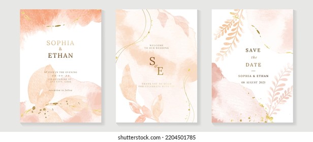 Luxury botanical wedding invitation card template. Watercolor card with fern, leaf branch, foliage, rose gold color. Elegant blossom vector design suitable for banner, cover, invitation.