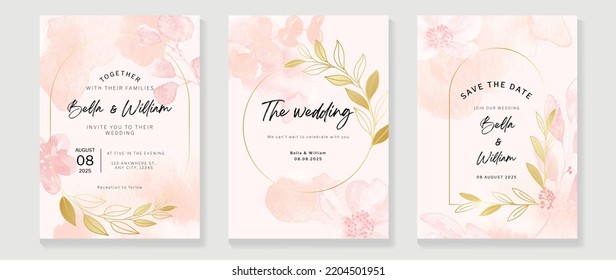 Luxury botanical wedding invitation card template. Watercolor card with flowers, eucalyptus, leaf branch, foliage wreath. Elegant blossom vector design suitable for banner, cover, invitation.