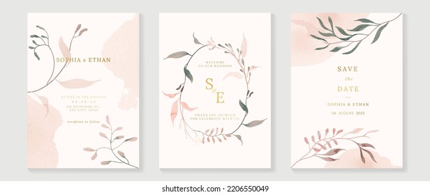 Luxury botanical wedding invitation card template. Watercolor card with leaf branch, eucalyptus, berry, foliage wreath. Elegant autumn season vector design suitable for banner, cover, invitation.