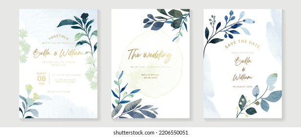 Luxury botanical wedding invitation card template. Blue watercolor card with leaf branch, eucalyptus, berry, foliage, flower. Elegant blossom vector design suitable for banner, cover, invitation.