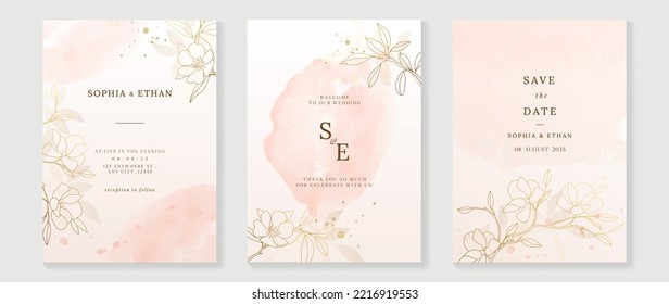 Luxury botanical wedding invitation card template. Watercolor card with leaf branch, floral, foliage, flower in hand drawn. Elegant blossom vector design suitable for banner, cover, invitation.