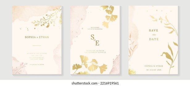 Luxury botanical wedding invitation card template. Watercolor card with gold brush, floral, foliage, wildflower, in hand drawn. Elegant blossom vector design suitable for banner, cover, invitation.