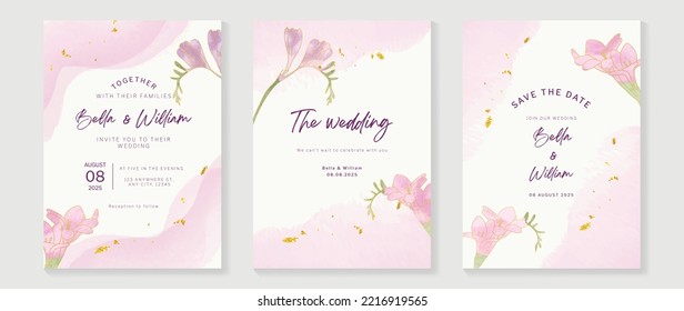 Luxury botanical wedding invitation card template. Watercolor card with gold brush, floral, foliage, flower in hand drawn. Elegant blossom vector design suitable for banner, cover, invitation.