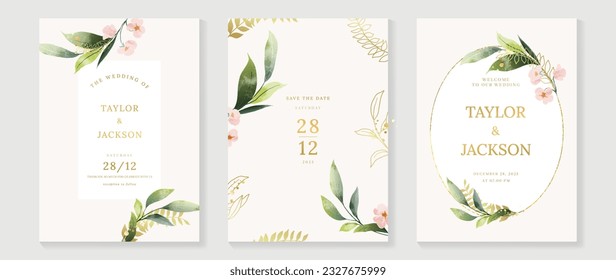 Luxury botanical wedding invitation card template. Watercolor card with gold line art, flower, leaves branches, foliage. Elegant blossom vector design suitable for banner, cover, invitation.