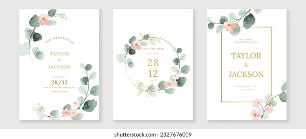 Luxury botanical wedding invitation card template. Watercolor card with gold line art, flower, eucalyptus leaves, foliage. Elegant blossom vector design suitable for banner, cover, invitation.