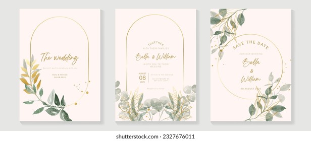 Luxury botanical wedding invitation card template. Watercolor card with gold line art, flower, eucalyptus leaves, foliage. Elegant blossom vector design suitable for banner, cover, invitation.