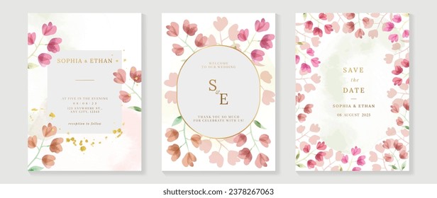 Plantilla de tarjeta de invitación botánica de bodas de lujo. Tarjeta acuarela con flor colorida, follaje, oro brillante. Elegante diseño vectorial de flor adecuado para banner, cubierta, invitación.