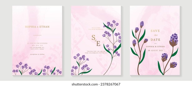 Luxury botanical wedding invitation card template. Watercolor card with purple flower, foliage, branch. Elegant blossom vector design suitable for banner, cover, invitation.