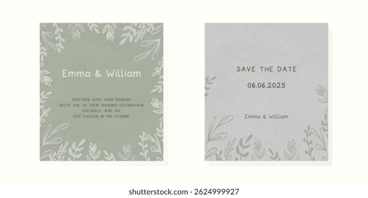 Luxury botanical wedding invitation card template set Minimal style card with leaf branches Elegant garden vector design suitable for banner, cover, invitation Mint green background Save the date