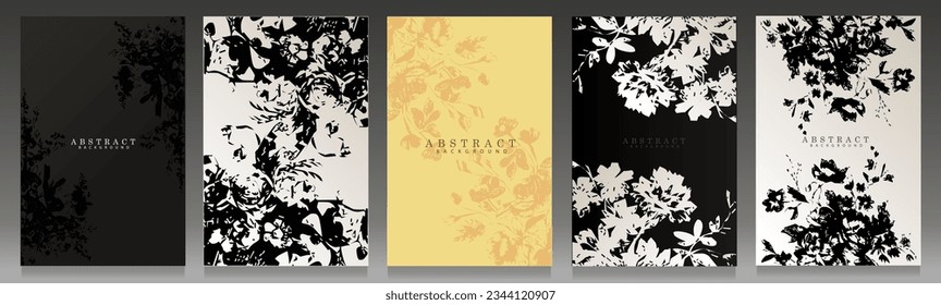 Luxury bouquet cover set. Black and white, creame color floral pattern. Flower silhouette template for wedding, invitation, elegant brochure.