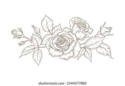 Luxury bouquet,  floral pattern with Rose flowers and leaves. Vector vintage illustration hand drawn in line art style for wedding invitation, save the date, card, logo, design, tattoo, greeting