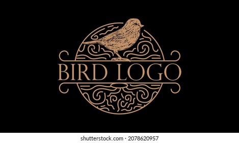 Luxus Bouquets Abstraktes Vektorzeichen, Symbol oder Logo Vorlage. Vogel mit Blume Silhouette und Typografie. Frauenemblem. Gut für Beauty Salon, SPA, Wedding und Bouquets Boutiquen, etc. isoliert.