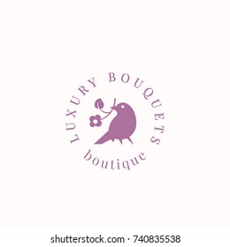 Luxury Bouquets Abstract Vector Sign, Symbol or Logo Template. Bird with Flower Silhouette and Typography. Feminine Emblem. Good for Beauty Salon, SPA, Wedding and Bouquets Boutiques, etc. Isolated.