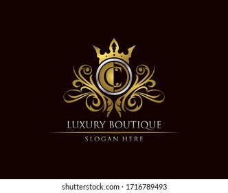 Luxury Boutique C Letter Logo, Circle Gold Crown C Classic Bagde Design.