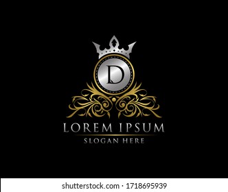 Luxury Boutique D Letter Logo, Royal Circle Gold Crown D Elegant Bagde Design.