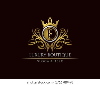 Luxury Boutique E Letter Logo, Circle Gold Crown E Classic Bagde Design.