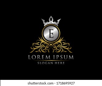 Luxus Boutique E Letter Logo, Royal Circle Gold Crown E Elegant Bagde Design.