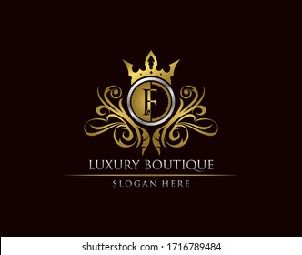 Luxury Boutique F Letter Logo, Circle Gold Crown F Classic Bagde Design.