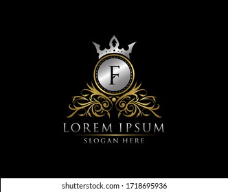 Luxury Boutique F Letter Logo, Royal Circle Gold Crown F Elegant Bagde Design.