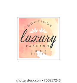 Luxury boutique fashion logo design, badge for clothes shop, beauty salon or cosmetician watercolor vector Illustration on a white background