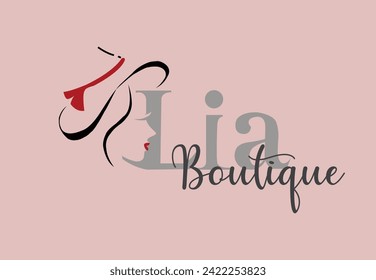 Luxury boutique and fashion logo. Vector artistic logo with hand-drawn lady in hat portrait isolated on pink background. Outline drawing. Good for women's cloths.