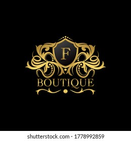 Luxury Boutique Gold F Letter Logo template in vector design for Decoration, Restaurant, Royalty, Boutique, Cafe, Hotel, Heraldic, Jewelry, Fashion and other vector illustration