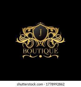 Luxury Boutique Gold J Letter Logo template in vector design for Decoration, Restaurant, Royalty, Boutique, Cafe, Hotel, Heraldic, Jewelry, Fashion and other vector illustration