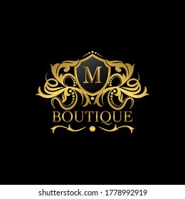 Modelo de logotipo de carta de oro boutique de lujo M en diseño vectorial para la decoración, restaurante, regalía, boutique, cafetería, hotel, heráldico, joyería, moda y otras ilustraciones vectoriales