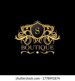 Luxury Boutique Gold S Letter Logo template in vector design for Decoration, Restaurant, Royalty, Boutique, Cafe, Hotel, Heraldic, Jewelry, Fashion and other vector illustration