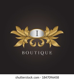 Luxury Boutique Initial I Letter Logo Gold Badge Decorative Ornate Ornament  Vector Design