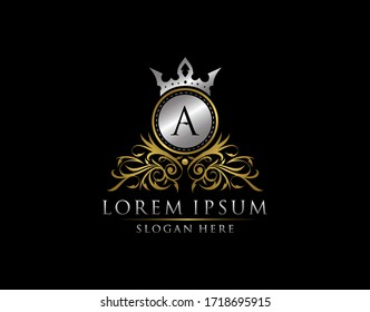 Luxury Boutique A Letter Logo, Royal Circle Gold Crown A Elegant Bagde Design.