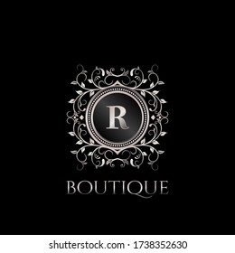 Luxury Boutique Letter R Metal Silver Circle Nature Leaf  logo. Antique elegance vector design templates