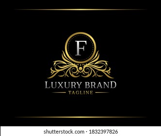 Luxury Boutique Logo With F Letter. Elegant Golden badge With Floral Shape perfect for salon, spa, cosmetic, Boutique, Jewelry.