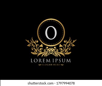 Luxury Boutique Logo. Letter O with gold calligraphic emblem and classic floral ornament. Classy Frame design Vector illustration.