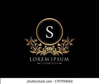 Luxury Boutique Logo. Letter S with gold calligraphic emblem and classic floral ornament. Classy Frame design Vector illustration.