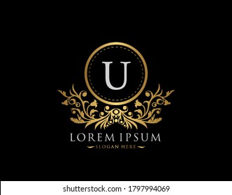 Luxury Boutique Logo. Letter U with gold calligraphic emblem and classic floral ornament. Classy Frame design Vector illustration.