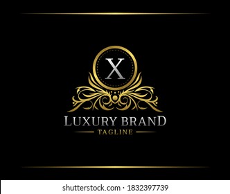 Luxury Boutique Logo With X Letter. Elegant Golden badge With Floral Shape perfect for salon, spa, cosmetic, Boutique, Jewelry.