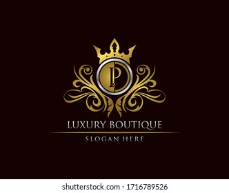 Luxury Boutique P Letter Logo, Circle Gold Crown P Classic Bagde Design.