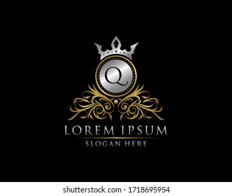 Luxury Boutique Q Letter Logo, Royal Circle Gold Crown Q Elegant Bagde Design.