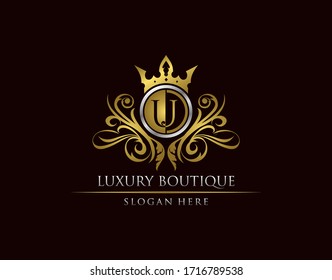 Luxury Boutique U Letter Logo, Circle Gold Crown U Classic Bagde Design.