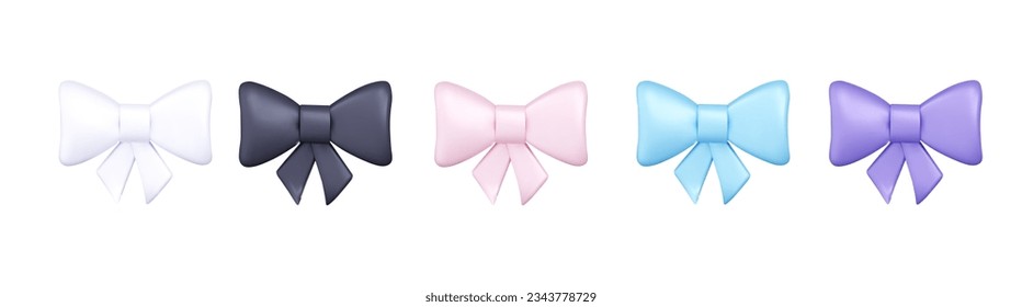 Luxury bows in black and white, pink, blue and purple set. 3D vector illustration. 