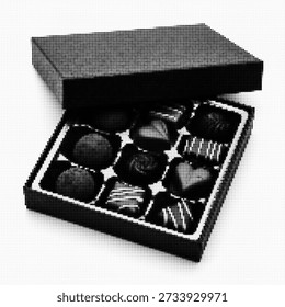 Luxury box of assorted gourmet chocolate truffles and pralines, elegant black gift box with sweet treats, monochrome food photography on white.