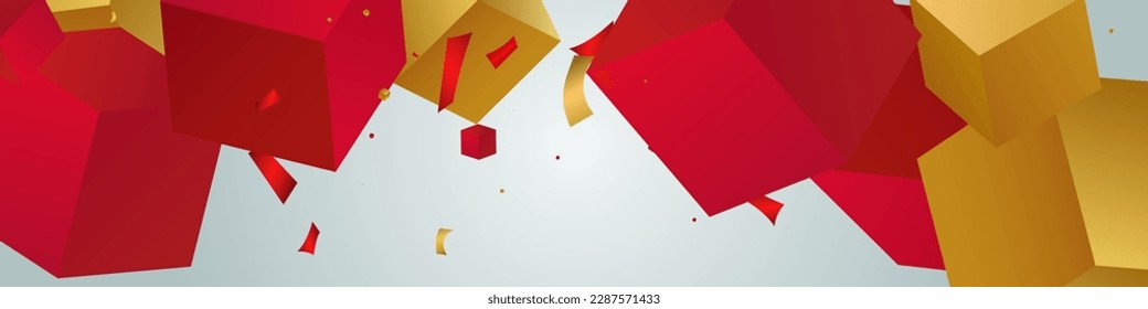 Luxury Box Falling Gift Vector Panoramic Grey Background. Gold and Red Cube Fly Party Design. Golden Square Fashion Illustration. Isolated Shape Art Banner.