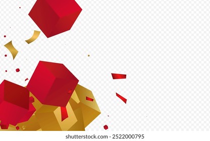 Caja de lujo que cae Render Vector Fondo transparente. Diseño de arte de vuelo de cubo naranja. Fondo de pantalla abstracto de elementos dorados y rojos. Ilustración isométrica de bloque realista.