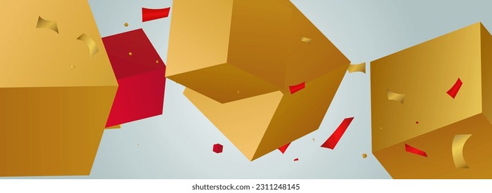 Luxury Box Fly Creative Vector Panoramic Grey Background. Golden Square Falling Volume Banner. 3d Block Party Wallpaper. Realistic Element Abstract Illustration.